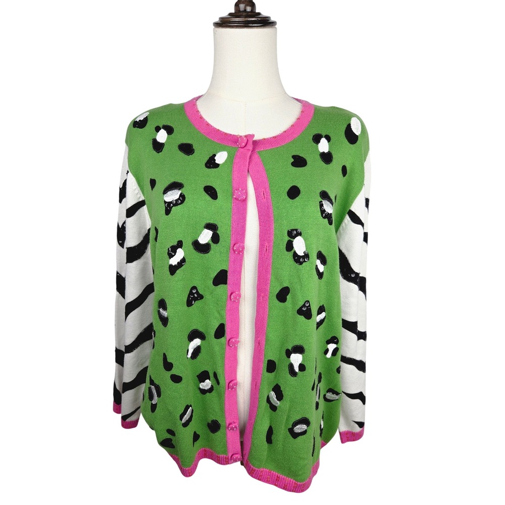 Jack B. Quick Cardigan XL VTG 90s Green Pink Zebra Leopard Sequin Knit Sweater